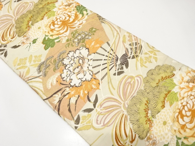 アンティーク　扇に牡丹・菊・松模様織り出し丸帯（材料）